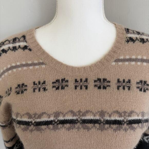 Vintage Reference Point Lambswool Angora Sweater Womans Sz L Fair Isle Tan Black - Picture 2 of 10